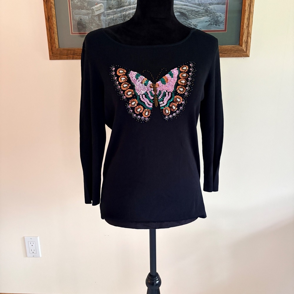 Lucia Burns Butterfly Sequin Top Womens Large Black Ribbed Knit Beaded Sweater